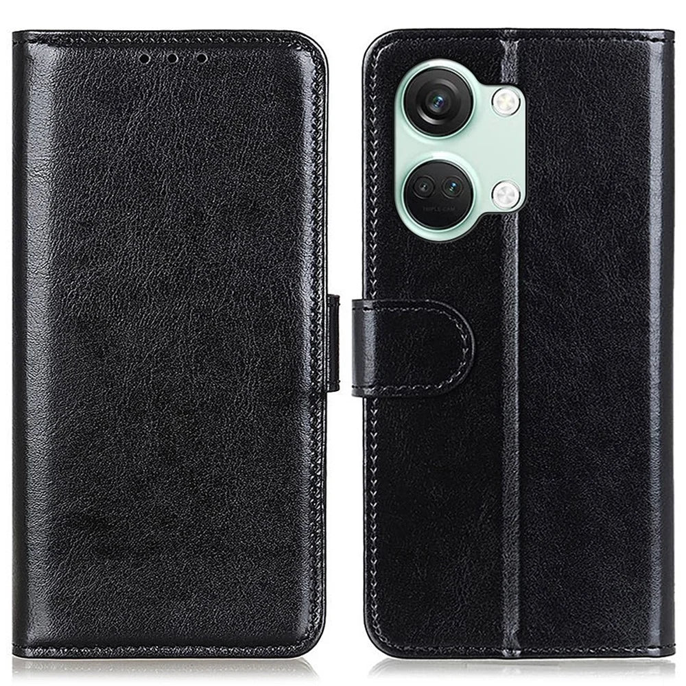 For OnePlus Nord 3 5G / Ace 2V Crazy Horse Texture Flip Phone Cover Wallet TPU+PU Leather Stand Case - Black - 1