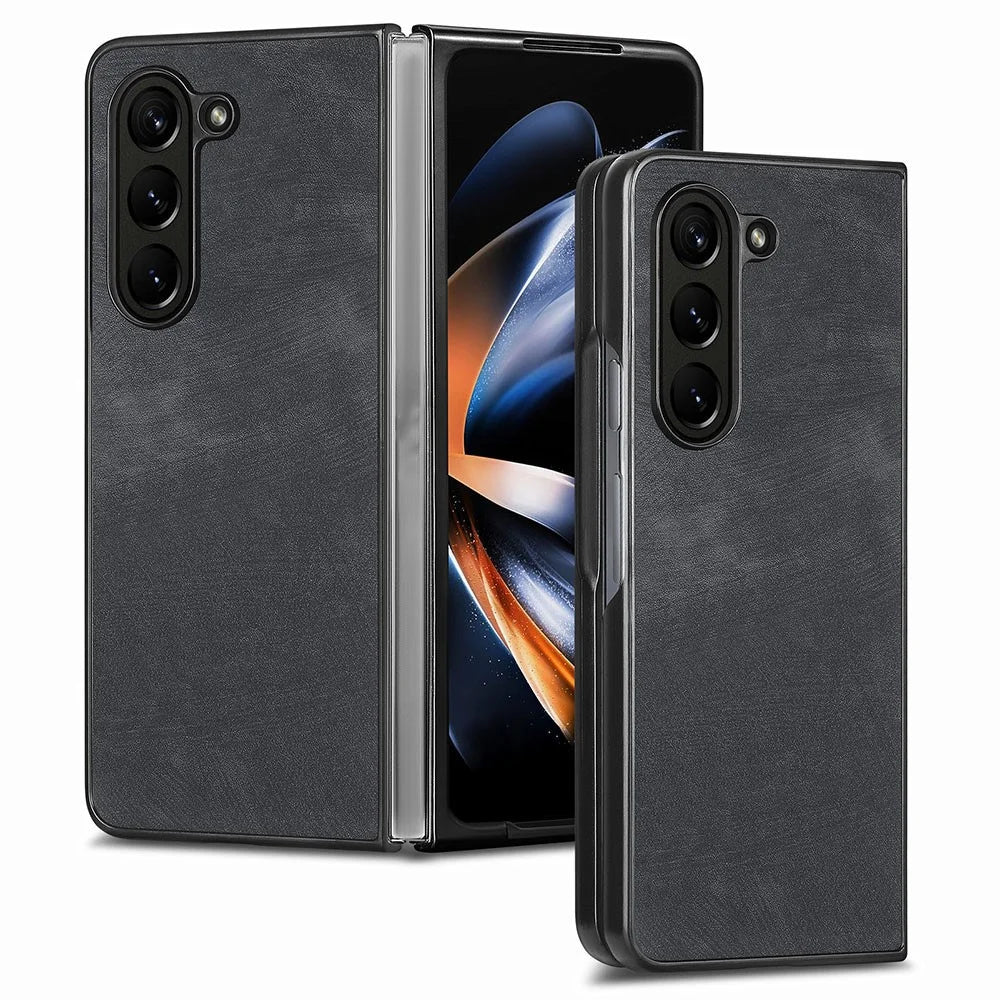 For Samsung Galaxy Z Fold5 5G Vintage PU Leather+PC Phone Case Anti-Scratch Protective Cover - Black - 1