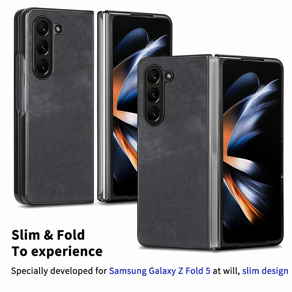 For Samsung Galaxy Z Fold5 5G Vintage PU Leather+PC Phone Case Anti-Scratch Protective Cover - Black - 6