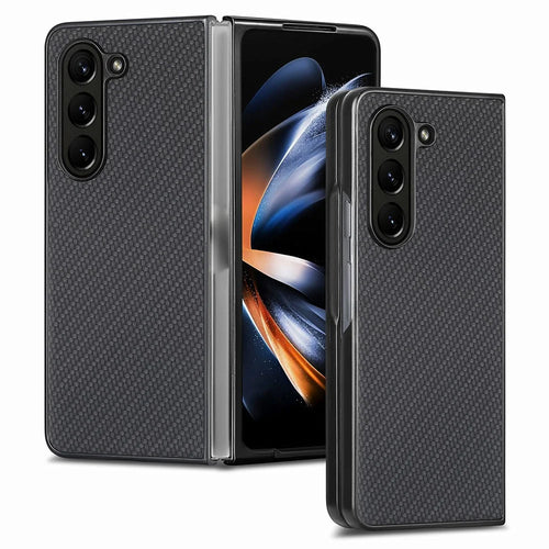 For Samsung Galaxy Z Fold5 5G Carbon Fiber Texture PU Leather+PC Case Precise Cutouts Phone Cover - Black - 1