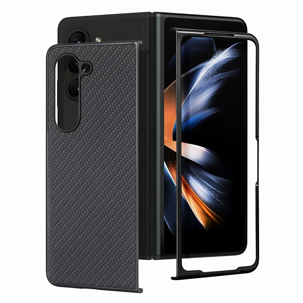 For Samsung Galaxy Z Fold5 5G Carbon Fiber Texture PU Leather+PC Case Precise Cutouts Phone Cover - Black - 2