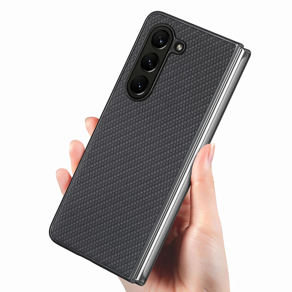 For Samsung Galaxy Z Fold5 5G Carbon Fiber Texture PU Leather+PC Case Precise Cutouts Phone Cover - Black - 5