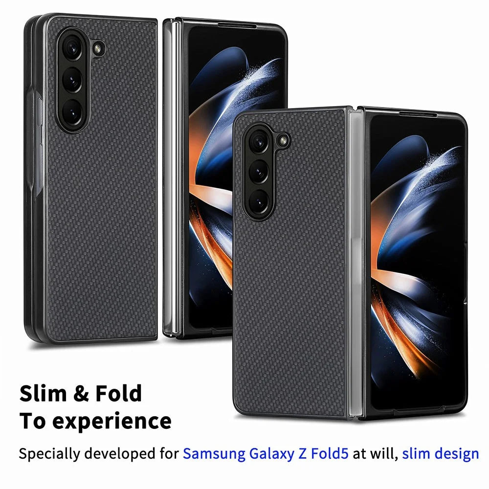 For Samsung Galaxy Z Fold5 5G Carbon Fiber Texture PU Leather+PC Case Precise Cutouts Phone Cover - Black - 6