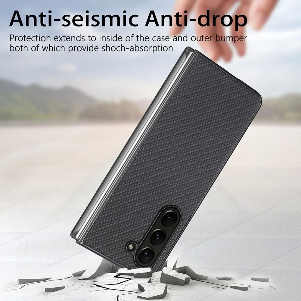 For Samsung Galaxy Z Fold5 5G Carbon Fiber Texture PU Leather+PC Case Precise Cutouts Phone Cover - Black - 7