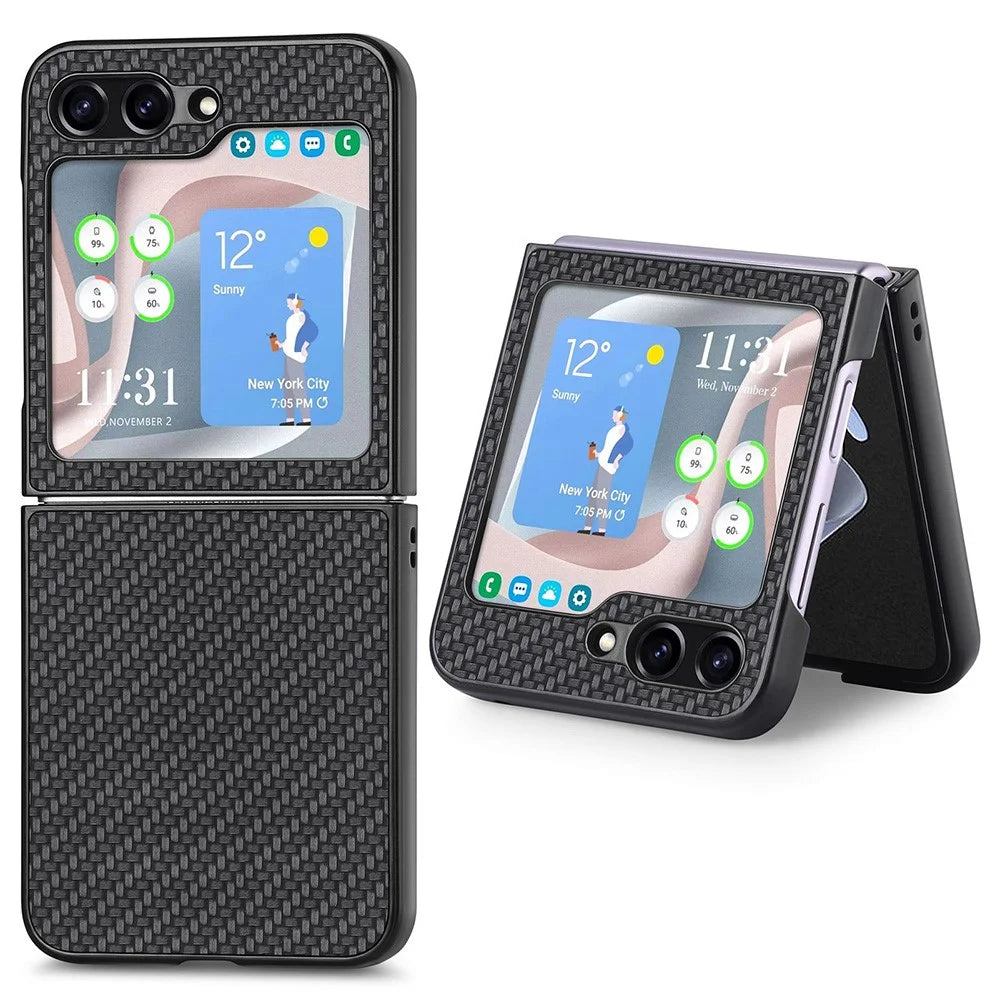 Carbon Fiber Texture PU Leather PC Cover for Samsung Galaxy Z Flip5 5G Precise Cutouts Anti-Drop Phone Case - Black - 1