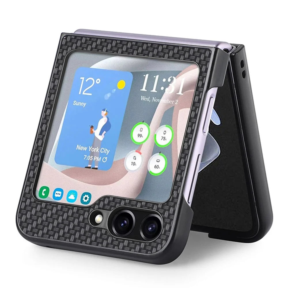 Carbon Fiber Texture PU Leather PC Cover for Samsung Galaxy Z Flip5 5G Precise Cutouts Anti-Drop Phone Case - Black - 2