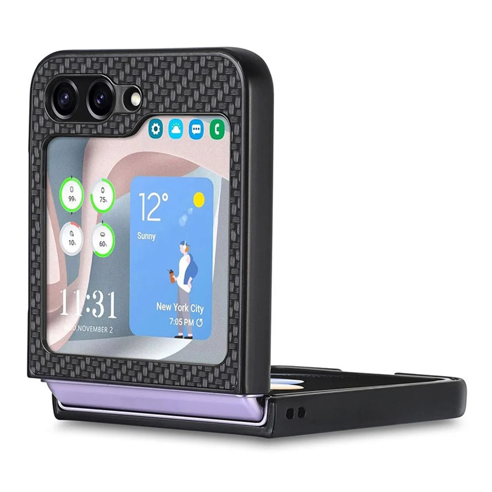 Carbon Fiber Texture PU Leather PC Cover for Samsung Galaxy Z Flip5 5G Precise Cutouts Anti-Drop Phone Case - Black - 3