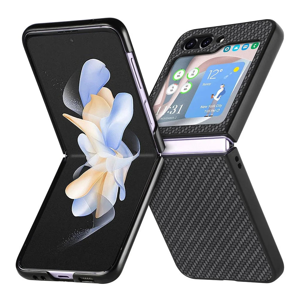 Carbon Fiber Texture PU Leather PC Cover for Samsung Galaxy Z Flip5 5G Precise Cutouts Anti-Drop Phone Case - Black - 5