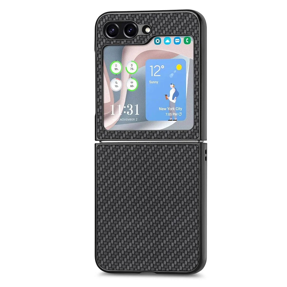 Carbon Fiber Texture PU Leather PC Cover for Samsung Galaxy Z Flip5 5G Precise Cutouts Anti-Drop Phone Case - Black - 6