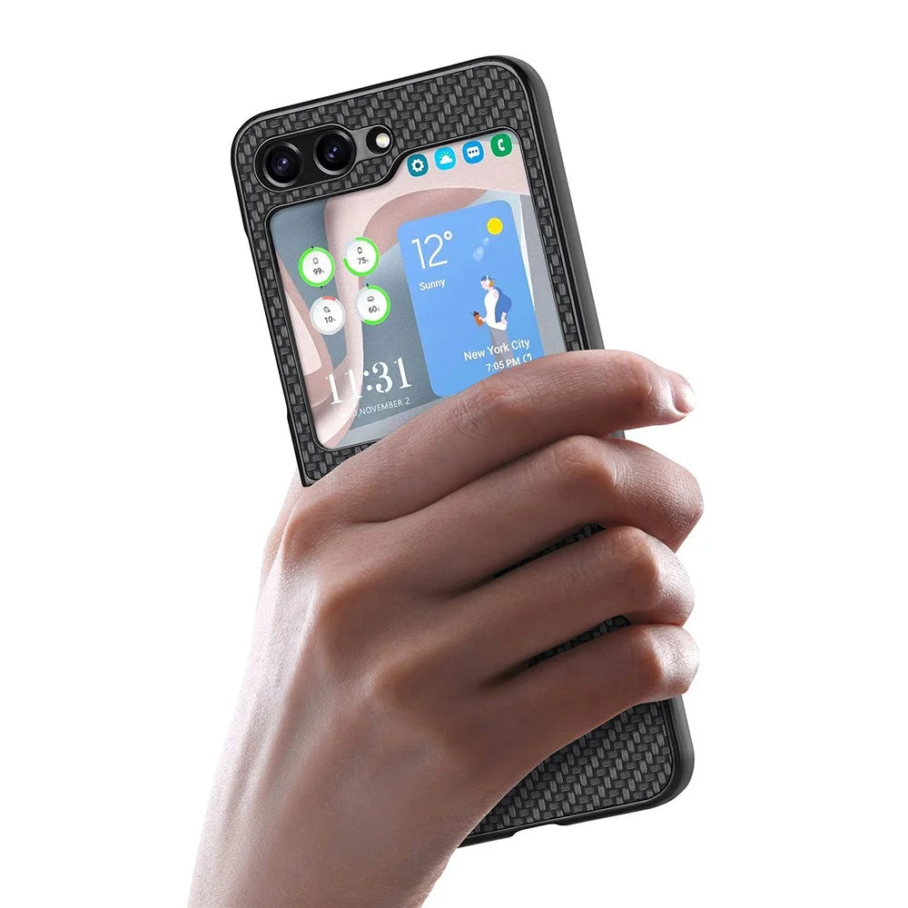 Carbon Fiber Texture PU Leather PC Cover for Samsung Galaxy Z Flip5 5G Precise Cutouts Anti-Drop Phone Case - Black - 7