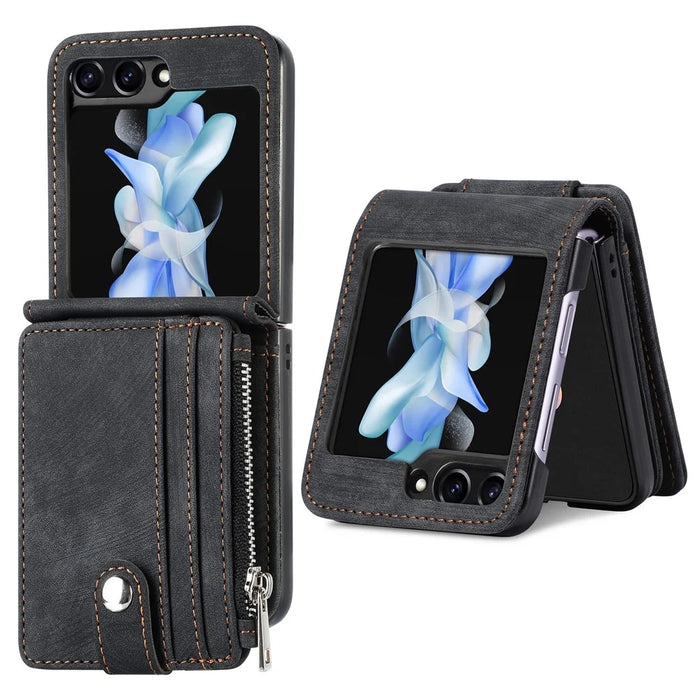 Protective Wallet Case for Samsung Galaxy Z Flip5 5G Retro PU Leather PC Phone Cover with Kickstand - Black - 1
