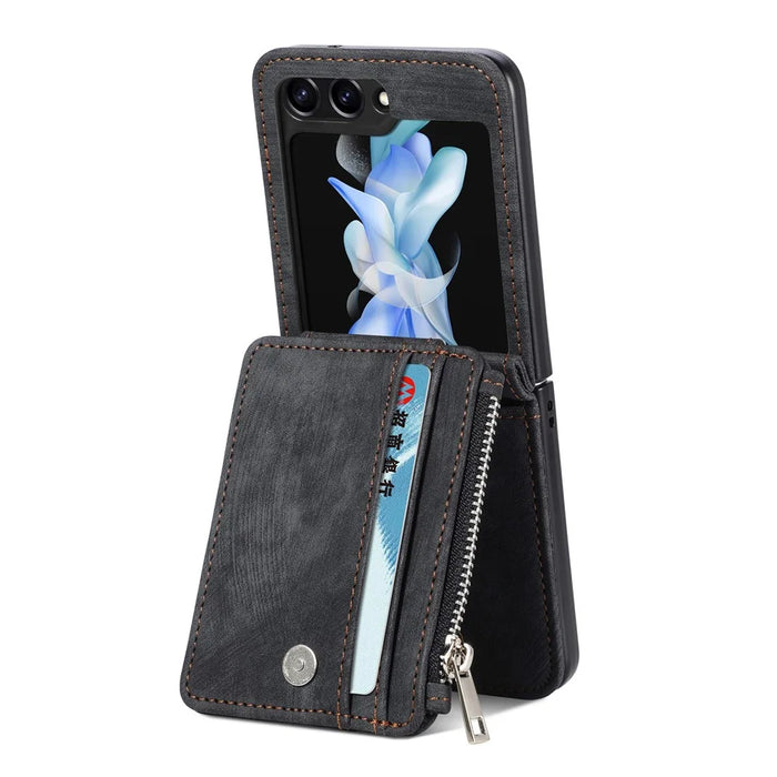 Protective Wallet Case for Samsung Galaxy Z Flip5 5G Retro PU Leather PC Phone Cover with Kickstand - Black - 2