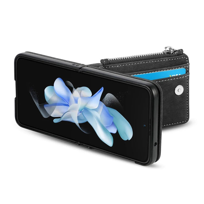 Protective Wallet Case for Samsung Galaxy Z Flip5 5G Retro PU Leather PC Phone Cover with Kickstand - Black - 3