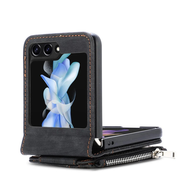 Protective Wallet Case for Samsung Galaxy Z Flip5 5G Retro PU Leather PC Phone Cover with Kickstand - Black - 4