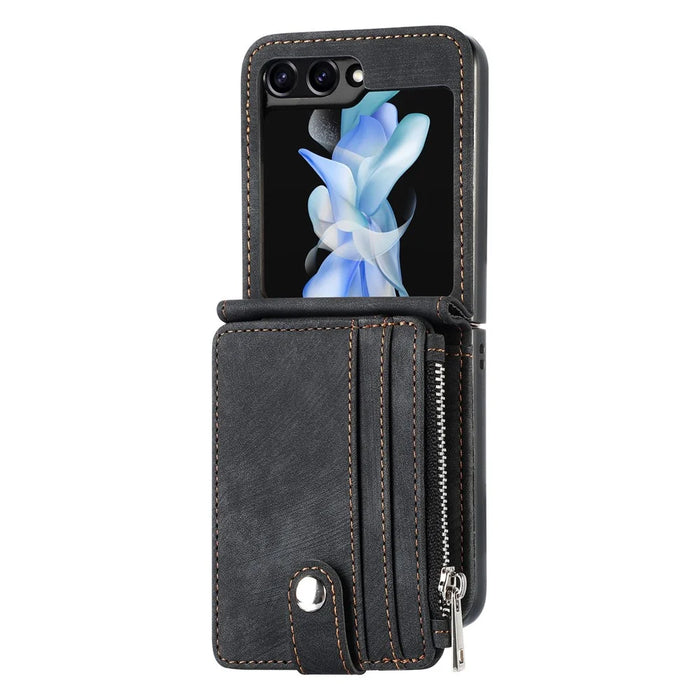 Protective Wallet Case for Samsung Galaxy Z Flip5 5G Retro PU Leather PC Phone Cover with Kickstand - Black - 5