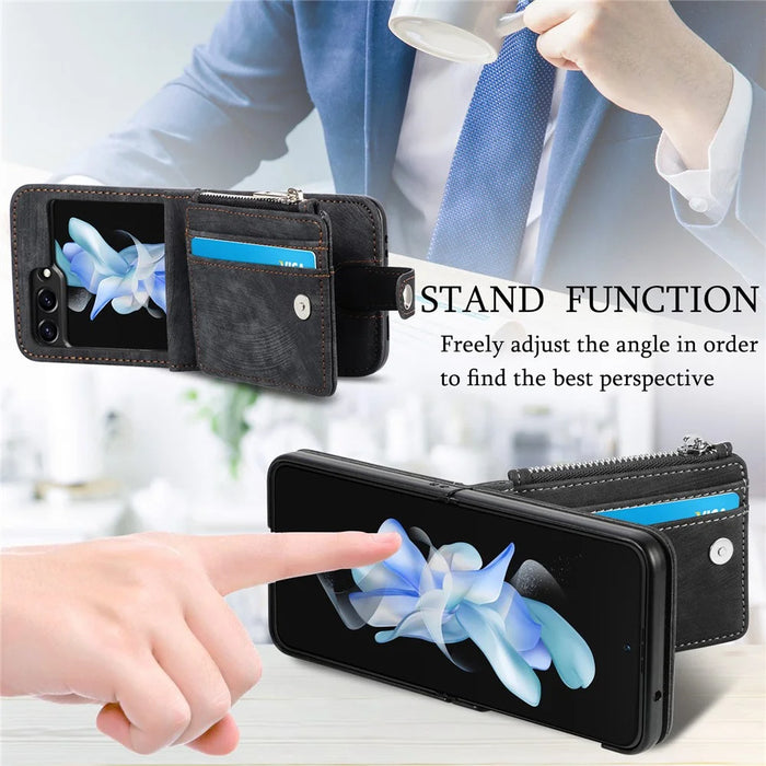 Protective Wallet Case for Samsung Galaxy Z Flip5 5G Retro PU Leather PC Phone Cover with Kickstand - Black - 7