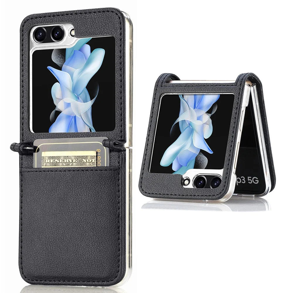 Protective Slim Case for Samsung Galaxy Z Flip5 5G Litchi Texture Card Holder PU Leather PC Phone Cover - Black - 1