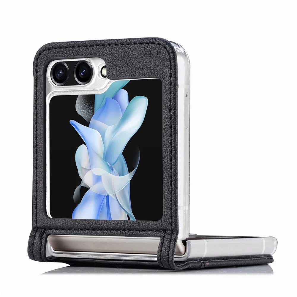 Protective Slim Case for Samsung Galaxy Z Flip5 5G Litchi Texture Card Holder PU Leather PC Phone Cover - Black - 2