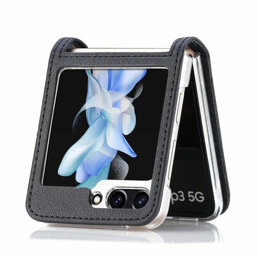Protective Slim Case for Samsung Galaxy Z Flip5 5G Litchi Texture Card Holder PU Leather PC Phone Cover - Black - 3