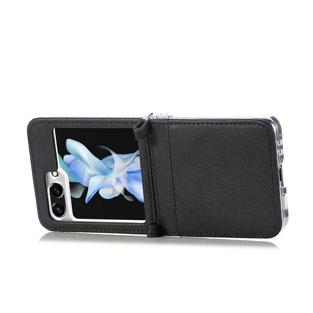 Protective Slim Case for Samsung Galaxy Z Flip5 5G Litchi Texture Card Holder PU Leather PC Phone Cover - Black - 4