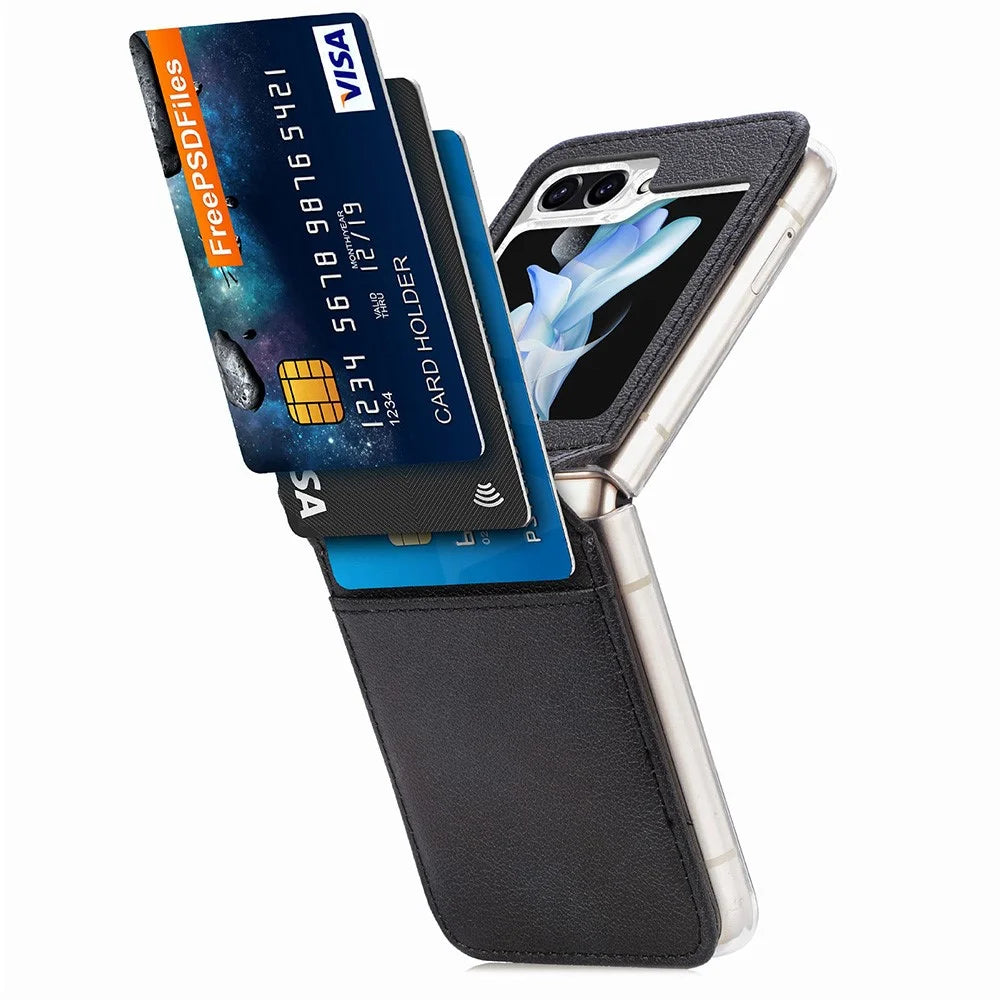 Protective Slim Case for Samsung Galaxy Z Flip5 5G Litchi Texture Card Holder PU Leather PC Phone Cover - Black - 5