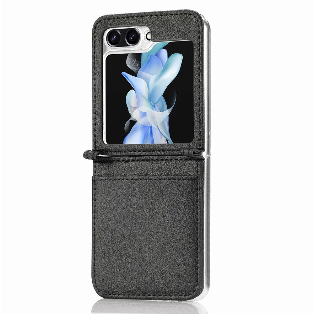 Protective Slim Case for Samsung Galaxy Z Flip5 5G Litchi Texture Card Holder PU Leather PC Phone Cover - Black - 6