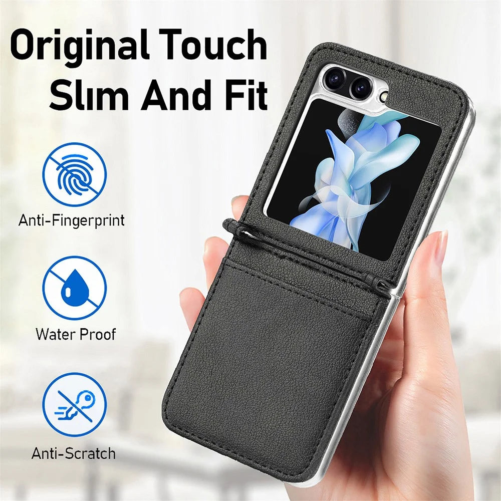 Protective Slim Case for Samsung Galaxy Z Flip5 5G Litchi Texture Card Holder PU Leather PC Phone Cover - Black - 7