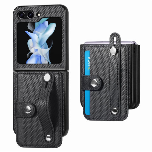 Card Slot Phone Cover for Samsung Galaxy Z Flip5 5G Carbon Fiber Texture PU Leather PC Phone Case with Kickstand - Black - 1