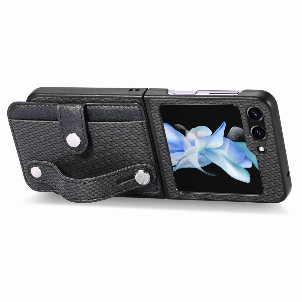 Card Slot Phone Cover for Samsung Galaxy Z Flip5 5G Carbon Fiber Texture PU Leather PC Phone Case with Kickstand - Black - 2
