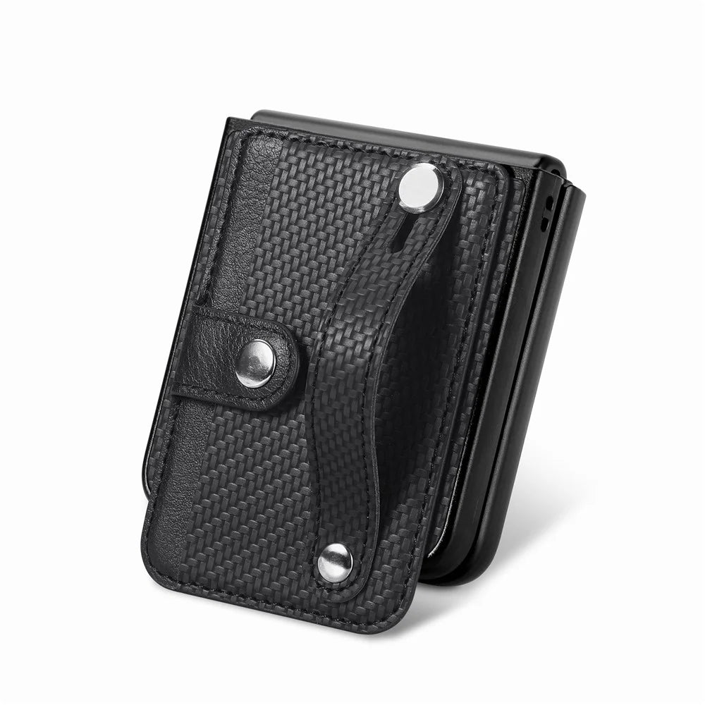 Card Slot Phone Cover for Samsung Galaxy Z Flip5 5G Carbon Fiber Texture PU Leather PC Phone Case with Kickstand - Black - 3