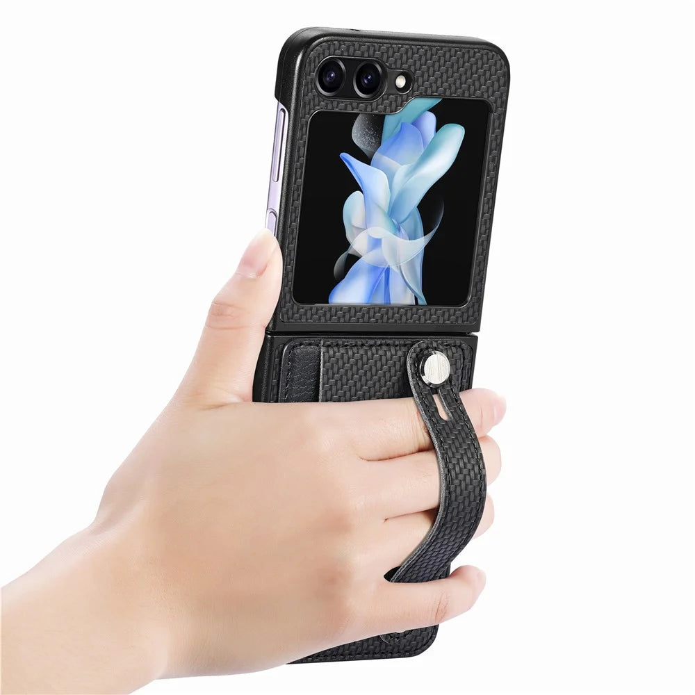 Card Slot Phone Cover for Samsung Galaxy Z Flip5 5G Carbon Fiber Texture PU Leather PC Phone Case with Kickstand - Black - 4