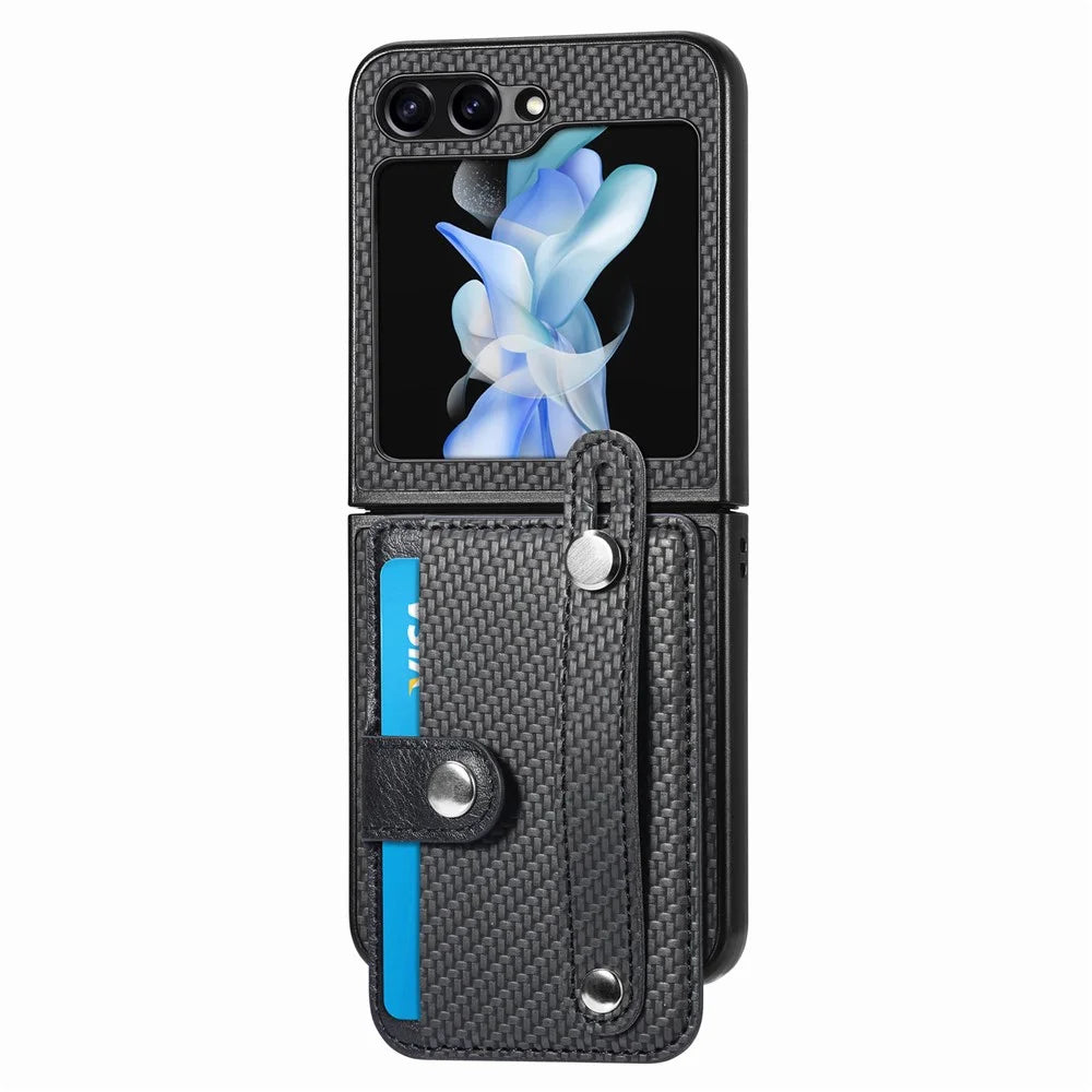 Card Slot Phone Cover for Samsung Galaxy Z Flip5 5G Carbon Fiber Texture PU Leather PC Phone Case with Kickstand - Black - 5