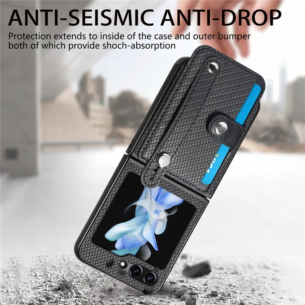 Card Slot Phone Cover for Samsung Galaxy Z Flip5 5G Carbon Fiber Texture PU Leather PC Phone Case with Kickstand - Black - 6