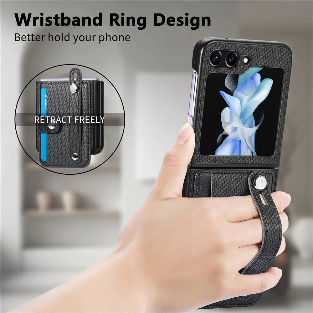Card Slot Phone Cover for Samsung Galaxy Z Flip5 5G Carbon Fiber Texture PU Leather PC Phone Case with Kickstand - Black - 7