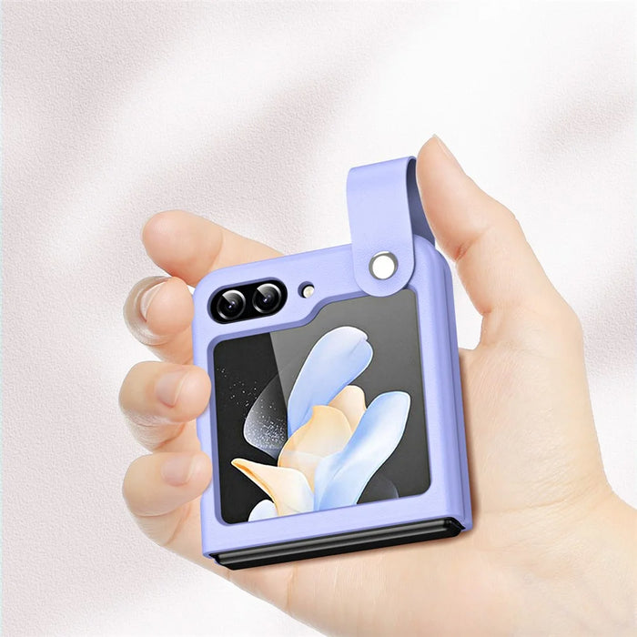 Slim Case for Samsung Galaxy Z Flip5 5G Protective PU Leather PC Phone Cover with Finger Strap - Purple - 7