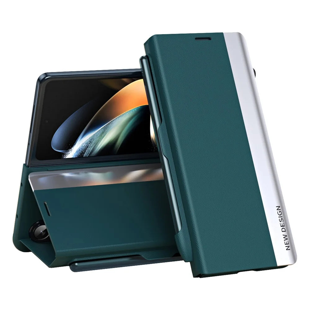 For Samsung Galaxy Z Fold5 5G Shockproof Case PU Leather+PC Phone Cover with Pencil - Green - 1