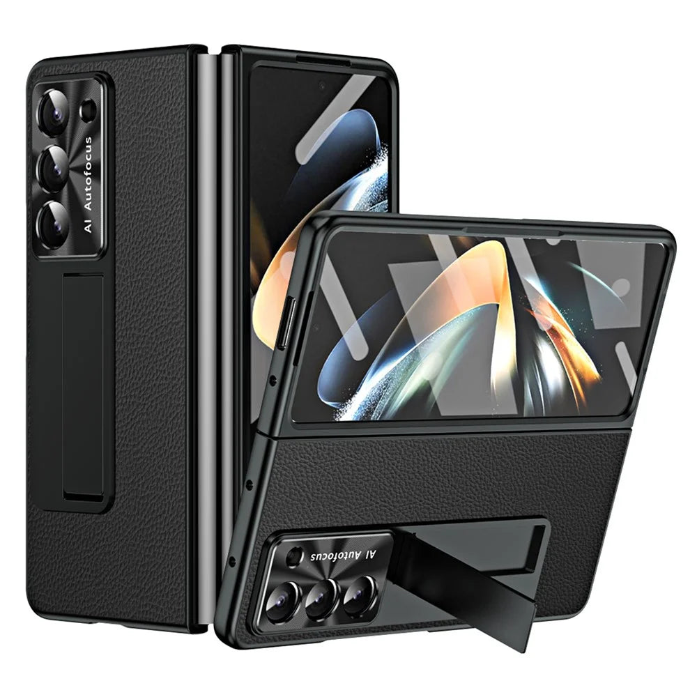 For Samsung Galaxy Z Fold5 5G Litchi Texture Leather PC Case Shockproof Kickstand Phone Cover - Black - 1
