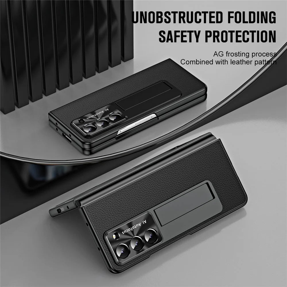 For Samsung Galaxy Z Fold5 5G Litchi Texture Leather PC Case Shockproof Kickstand Phone Cover - Black - 2