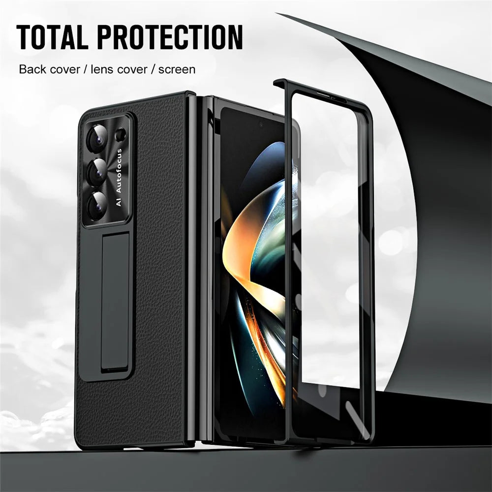 For Samsung Galaxy Z Fold5 5G Litchi Texture Leather PC Case Shockproof Kickstand Phone Cover - Black - 5