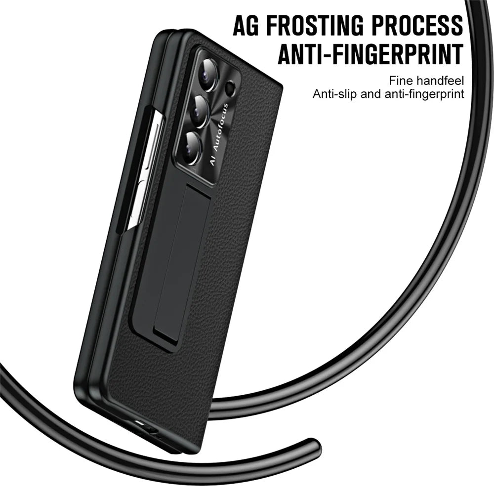 For Samsung Galaxy Z Fold5 5G Litchi Texture Leather PC Case Shockproof Kickstand Phone Cover - Black - 7