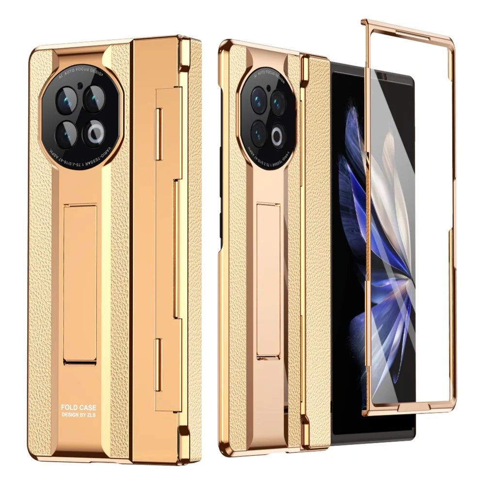 For vivo X Fold2 Kickstand Phone Case PU Leather+PC Shockproof Protective Cover with Glass Film - Rose Gold / Gold - 1