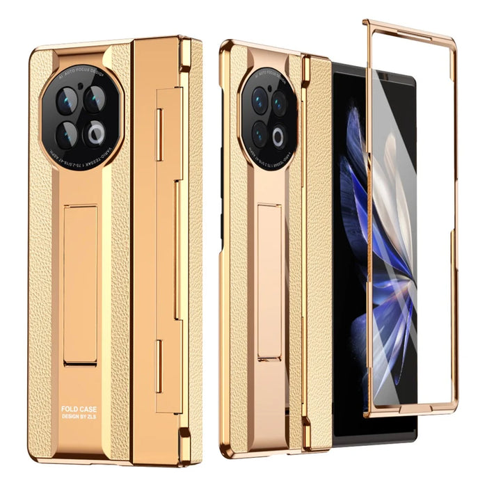 For vivo X Fold2 Kickstand Phone Case PU Leather+PC Shockproof Protective Cover with Glass Film - Rose Gold / Gold - 1