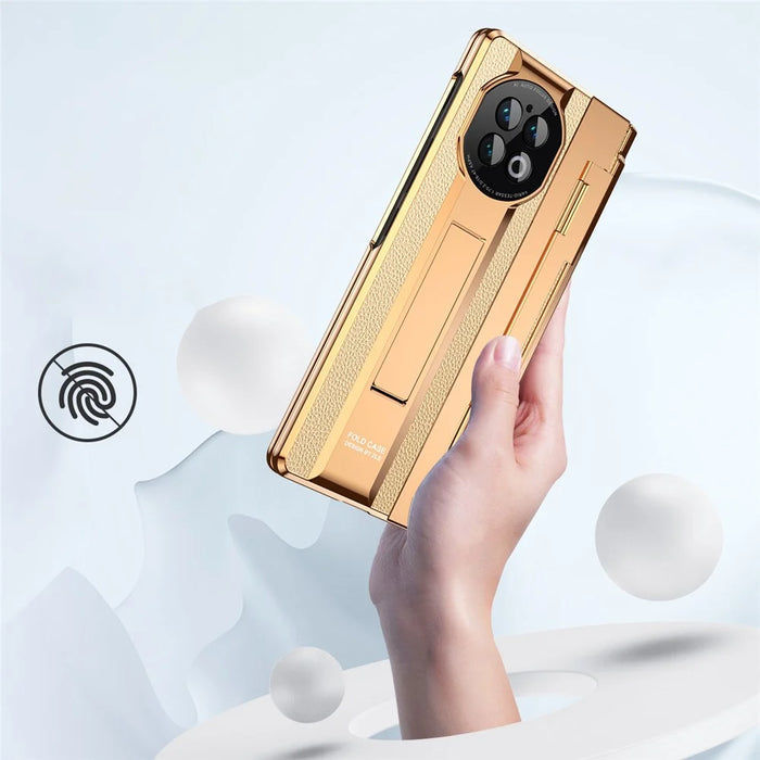 For vivo X Fold2 Kickstand Phone Case PU Leather+PC Shockproof Protective Cover with Glass Film - Rose Gold / Gold - 3