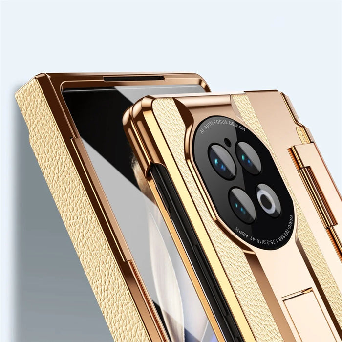 For vivo X Fold2 Kickstand Phone Case PU Leather+PC Shockproof Protective Cover with Glass Film - Rose Gold / Gold - 5