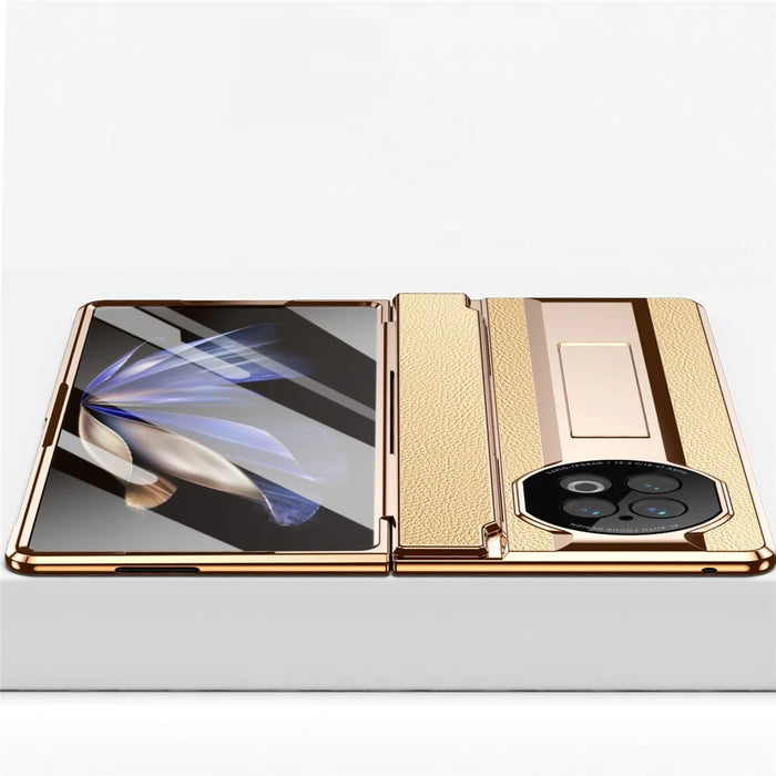 For vivo X Fold2 Kickstand Phone Case PU Leather+PC Shockproof Protective Cover with Glass Film - Rose Gold / Gold - 7