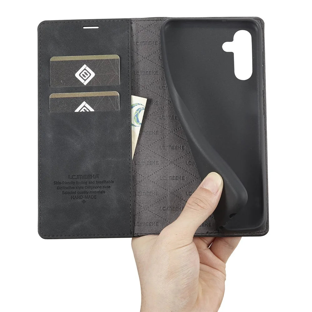 LC.IMEEKE For Samsung Galaxy A24 4G (162.1 x 77.6 x 8.3mm) Microfiber Leather Flip Case Wallet Stand Phone Cover - Black - 5