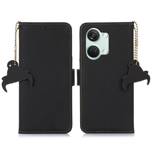 For OnePlus Nord 3 5G / Ace 2V Wallet Phone Case Genuine Cow Leather RFID Blocking Stand Cover - Black - 1