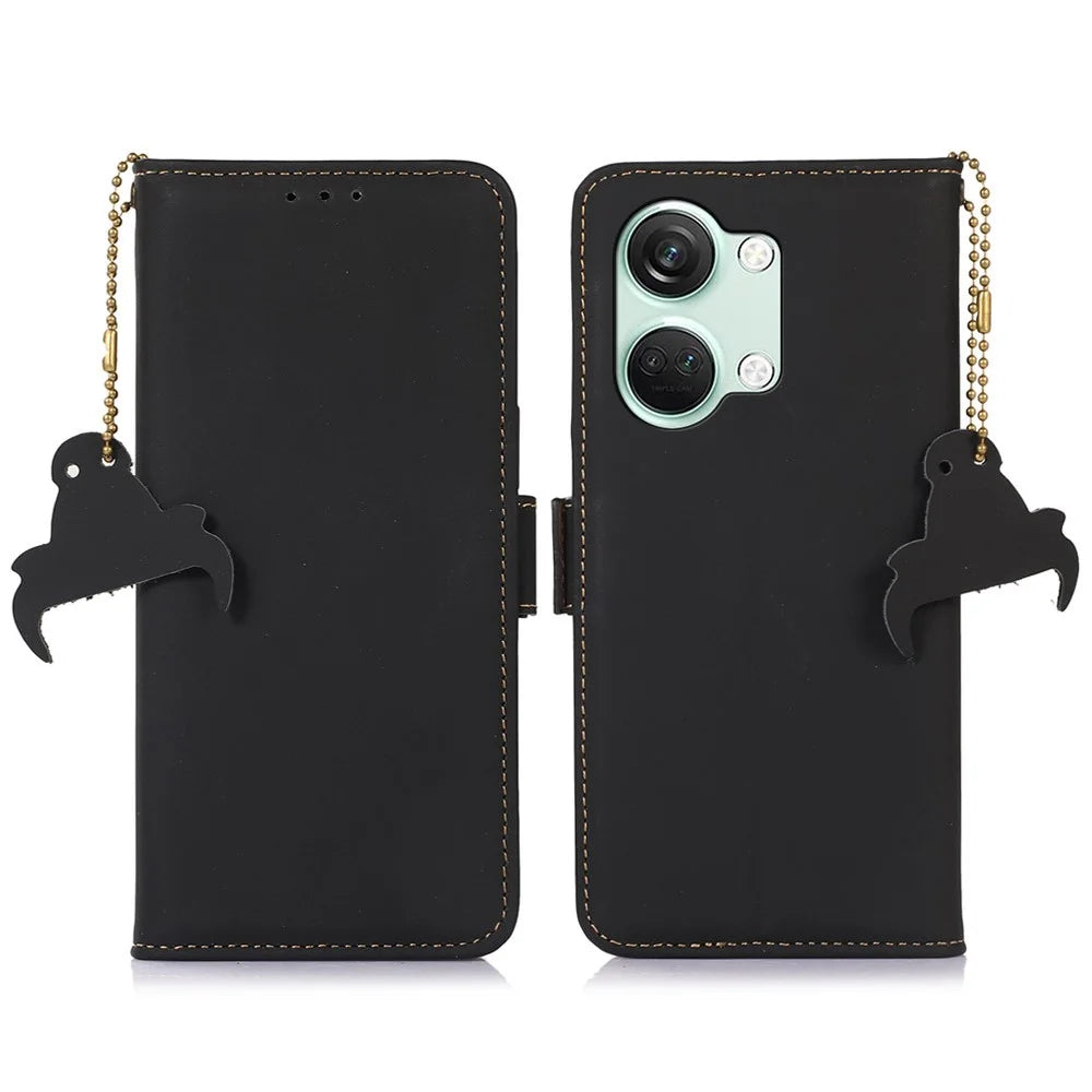 For OnePlus Nord 3 5G / Ace 2V Wallet Phone Case Genuine Cow Leather RFID Blocking Stand Cover - Black - 1