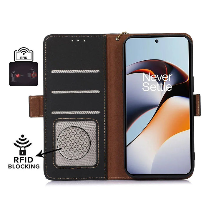 For OnePlus Nord 3 5G / Ace 2V Wallet Phone Case Genuine Cow Leather RFID Blocking Stand Cover - Black - 2