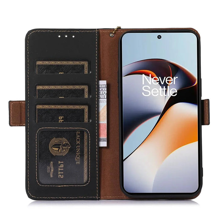 For OnePlus Nord 3 5G / Ace 2V Wallet Phone Case Genuine Cow Leather RFID Blocking Stand Cover - Black - 4